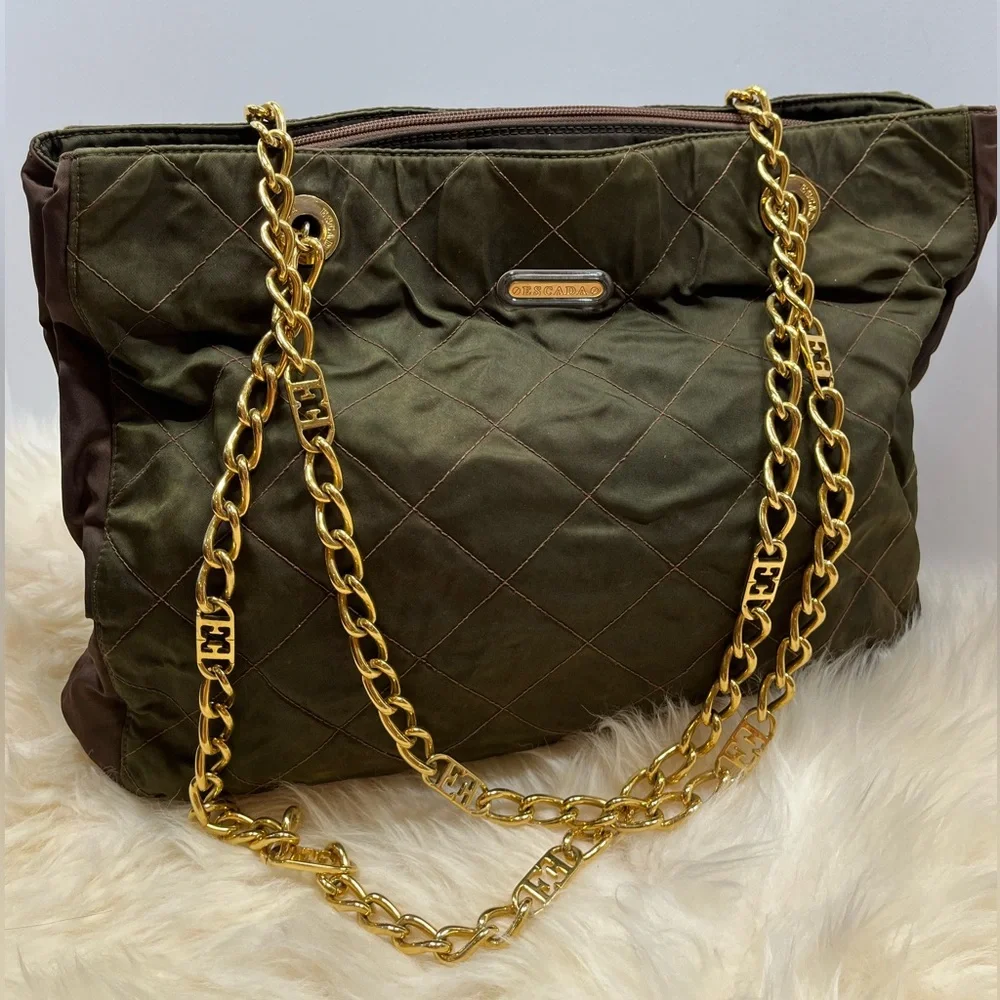 Escada Vintage Lux Quilted Nylon Tote/Shoulder Bag Olive Green and Brown - Picture 6 of 17
